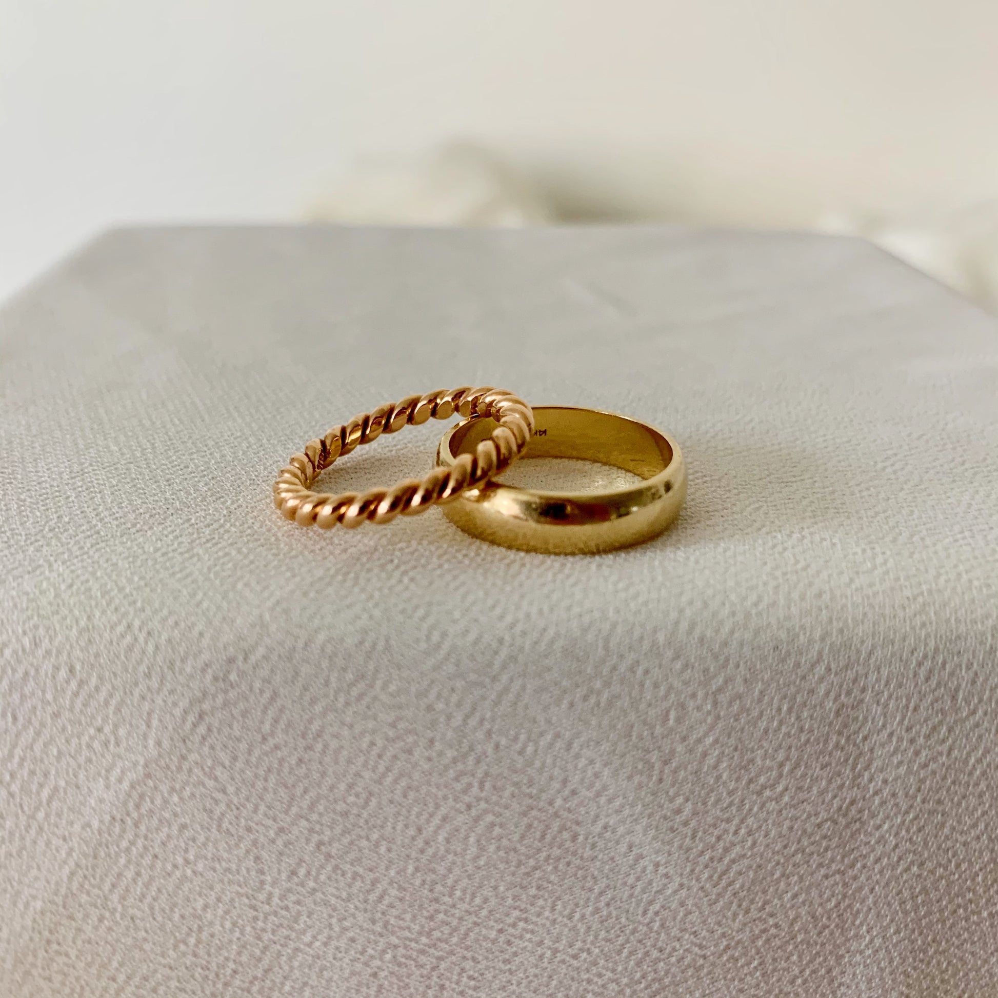 Vintage 18k Rose Gold Twisted Ring Size 5 and Vintage 14k Yellow Gold Thick Band Size 6.25