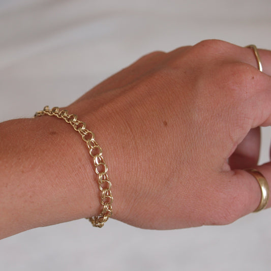 Reclaimed 14k Yellow Gold Double Circle Chain Bracelet Styled With Two Reclaimed 14k Yellow Gold Rings